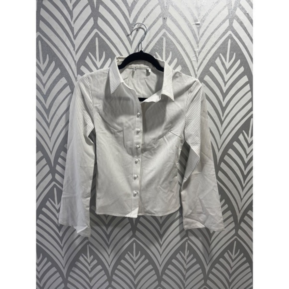 Princess Polly Anni white Pinstripe Button Up Shirt Fitted Long Sleeve Women 4 - Picture 3 of 6